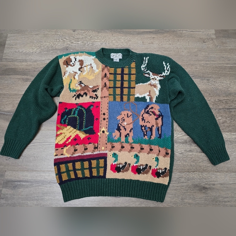 P'galli Vintage Knitted Sweater Patchwork Animal Cabin Hunting Ladies Size Small